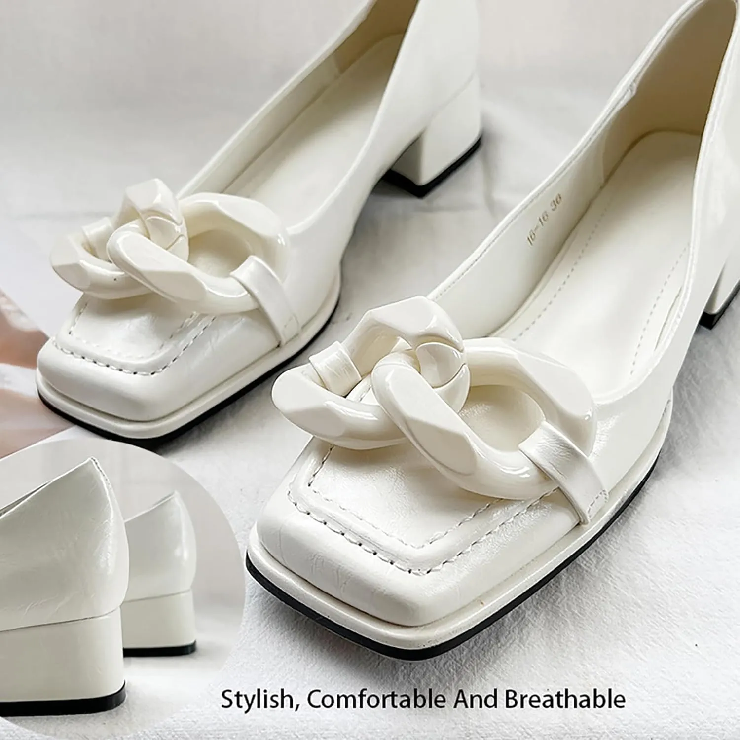 Women's Leather Chain Slip-On Low Block Heel Pumps Comfortable Closed Square Toe Chunky Heels Dress Loafers Casual Dressy Business Office Work Shoes