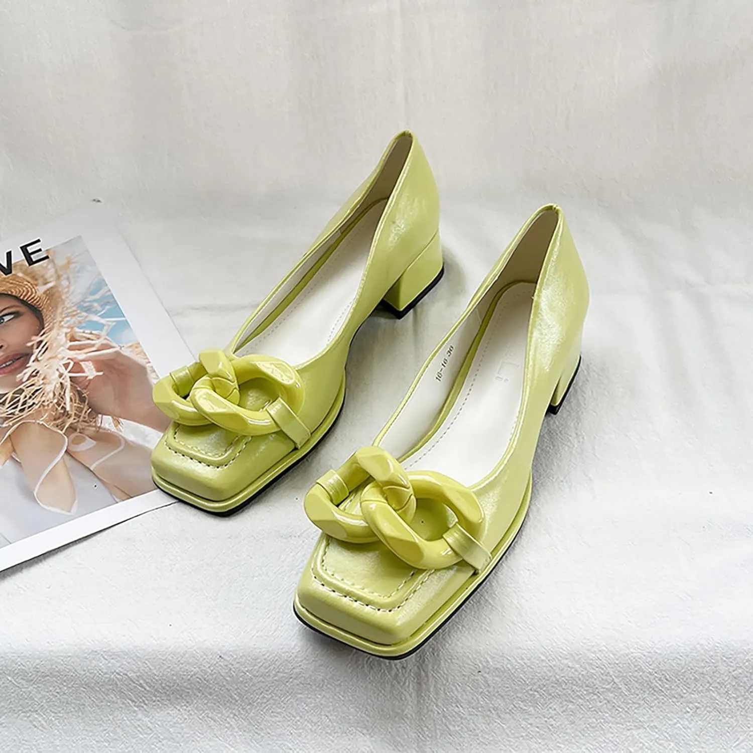 Women's Leather Chain Slip-On Low Block Heel Pumps Comfortable Closed Square Toe Chunky Heels Dress Loafers Casual Dressy Business Office Work Shoes