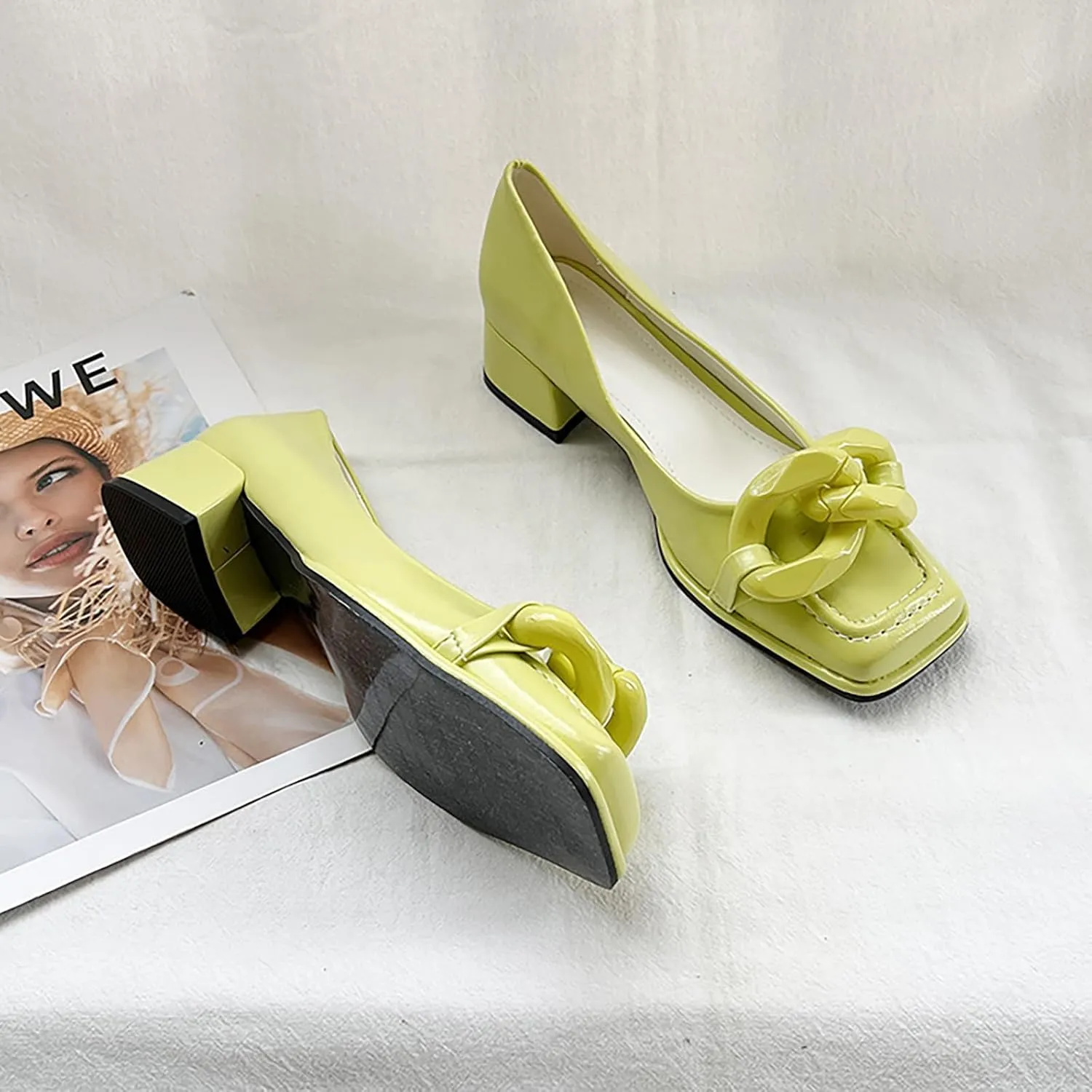 Women's Leather Chain Slip-On Low Block Heel Pumps Comfortable Closed Square Toe Chunky Heels Dress Loafers Casual Dressy Business Office Work Shoes