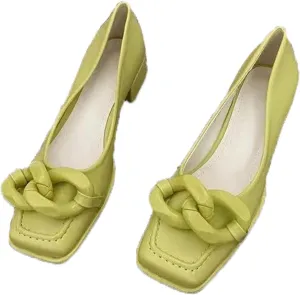 Women's Leather Chain Slip-On Low Block Heel Pumps Comfortable Closed Square Toe Chunky Heels Dress Loafers Casual Dressy Business Office Work Shoes