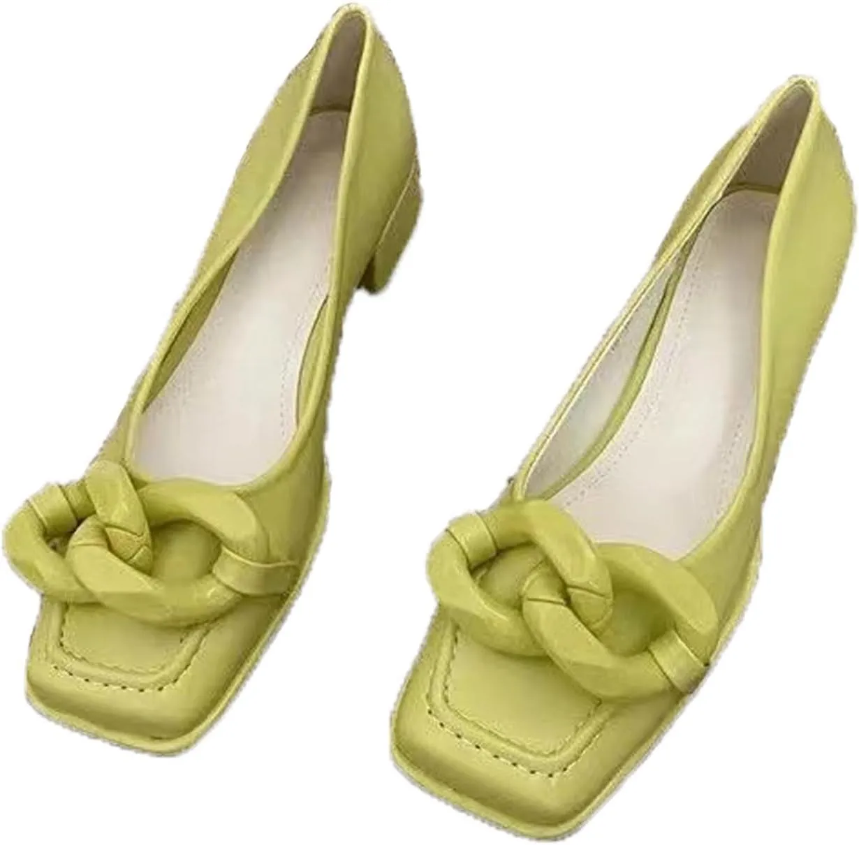 Women's Leather Chain Slip-On Low Block Heel Pumps Comfortable Closed Square Toe Chunky Heels Dress Loafers Casual Dressy Business Office Work Shoes