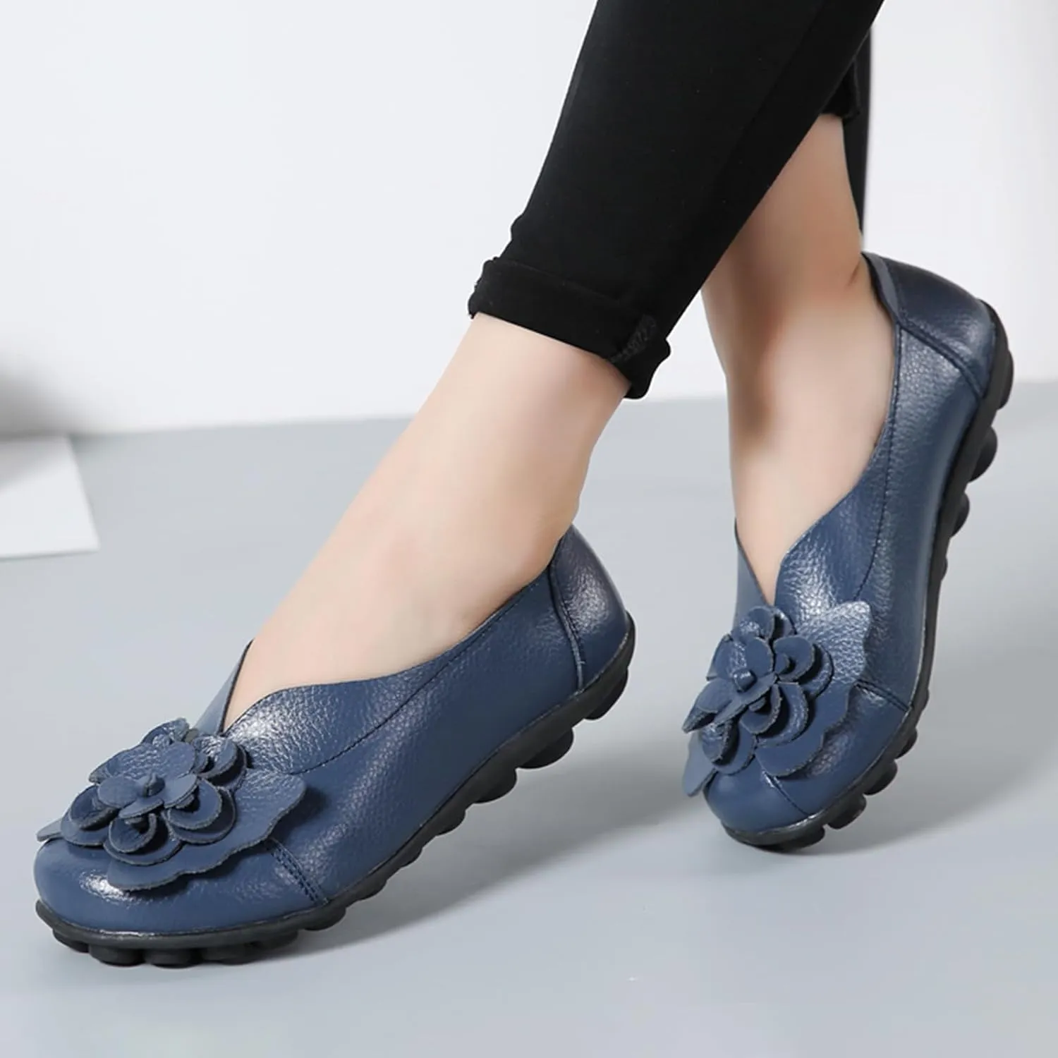 Women's Leather Slip On Loafers,Vintage Handmade Cute Bow Flower Comfy Non-Slip Softsole Walking Casual Dress Pumps