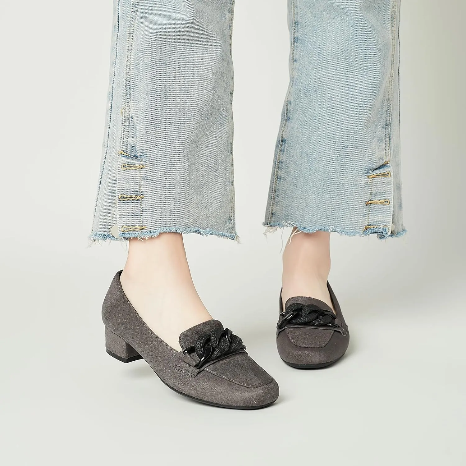 Women's Low Block Heel Loafers Closed Square Toe Chunky Heel Pumps Comfortable Dressy Loafers Casual Business Office Work Party Wedding Shoes with Chain