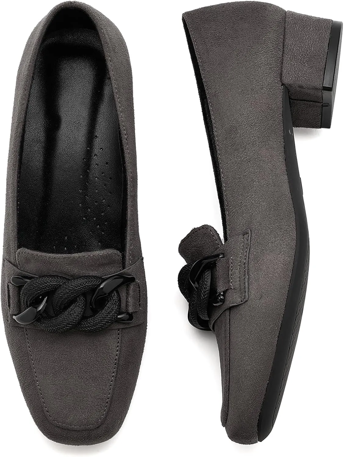 Women's Low Block Heel Loafers Closed Square Toe Chunky Heel Pumps Comfortable Dressy Loafers Casual Business Office Work Party Wedding Shoes with Chain