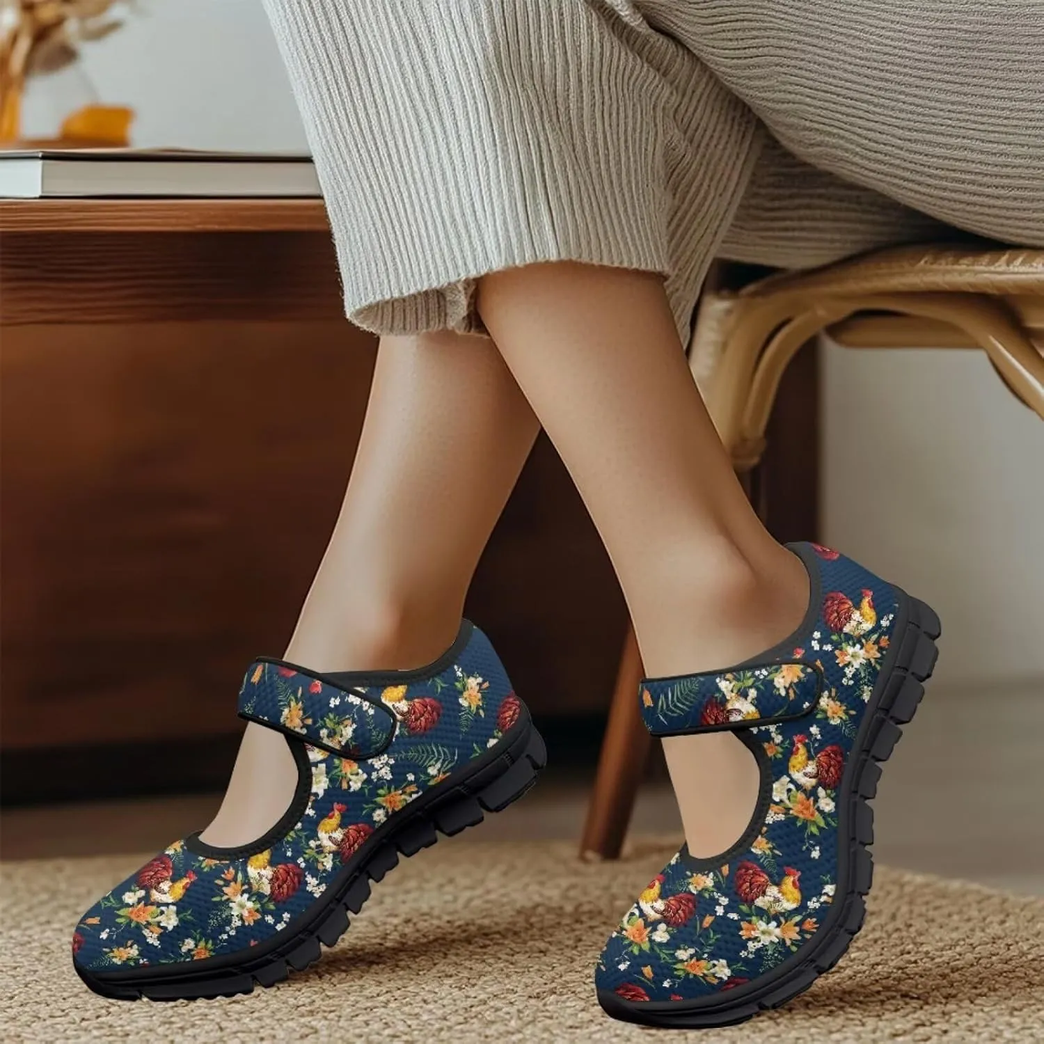 Womens Mary Jane Shoes Sneaker Animals Pattern Non Slip Lightweight Shoes with Magic Sticker for Walking