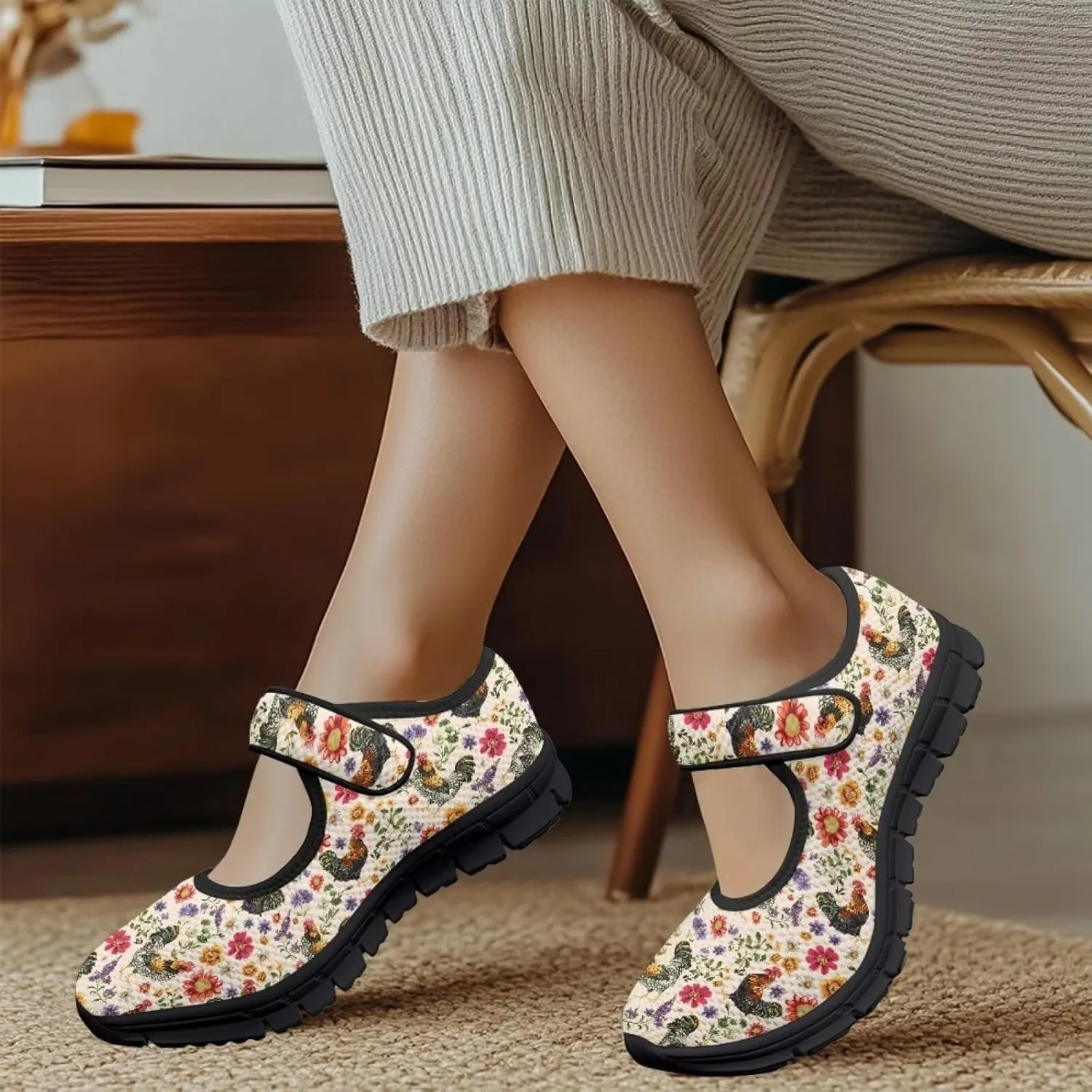 Womens Mary Jane Shoes Sneaker Animals Pattern Non Slip Lightweight Shoes with Magic Sticker for Walking