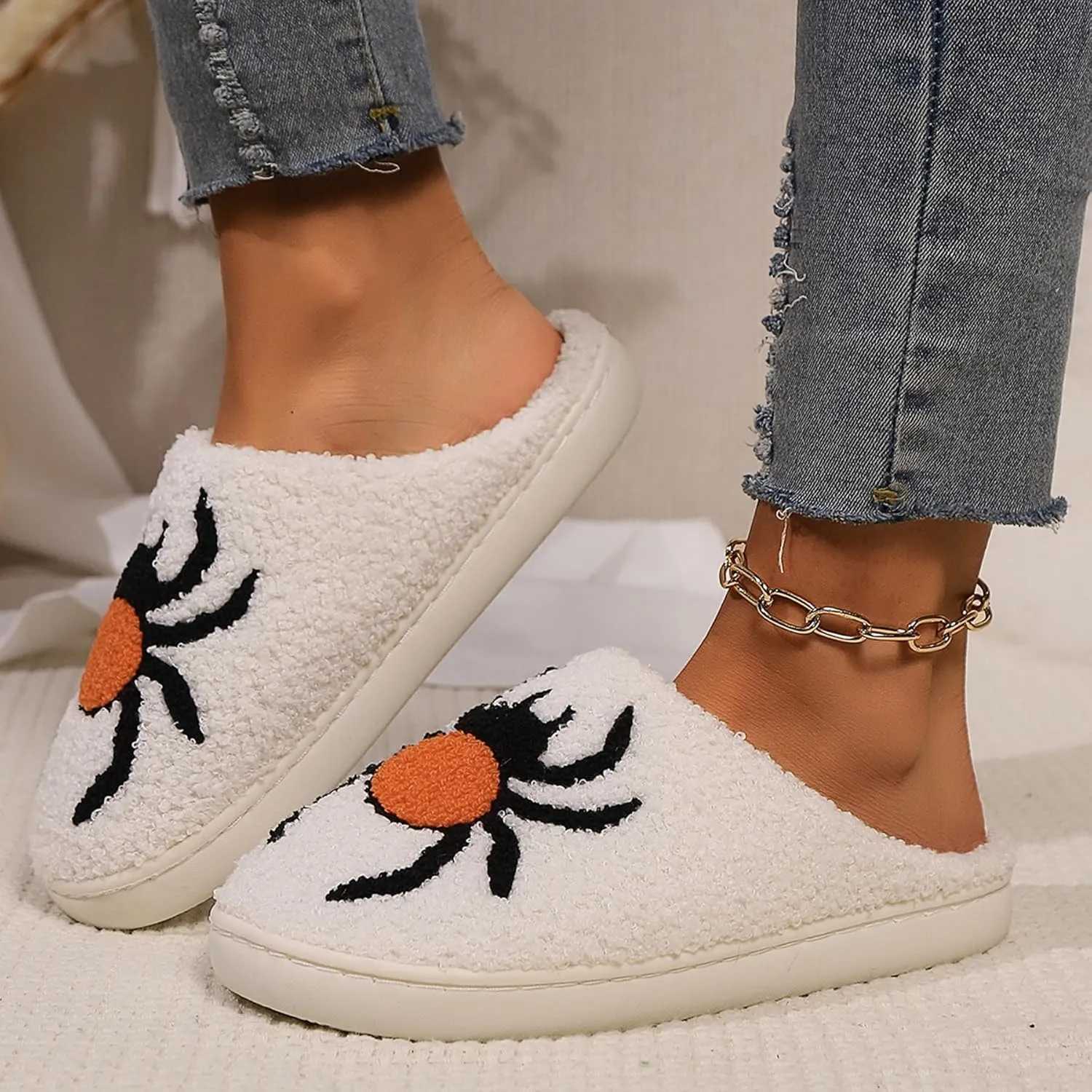 Womens Mens House Slippers Retro Comfy Warm Plush Slip on Fluffy Memory Foam Home Sippers for Winter Indoor Outdoor