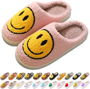 Women's Men's Retro Preppy Happy Face Slippers Comfy Warm Plush Slip-On House Slipper for Winter Indoor Soft Cushion Non-slip Fluffy Slides Slippers