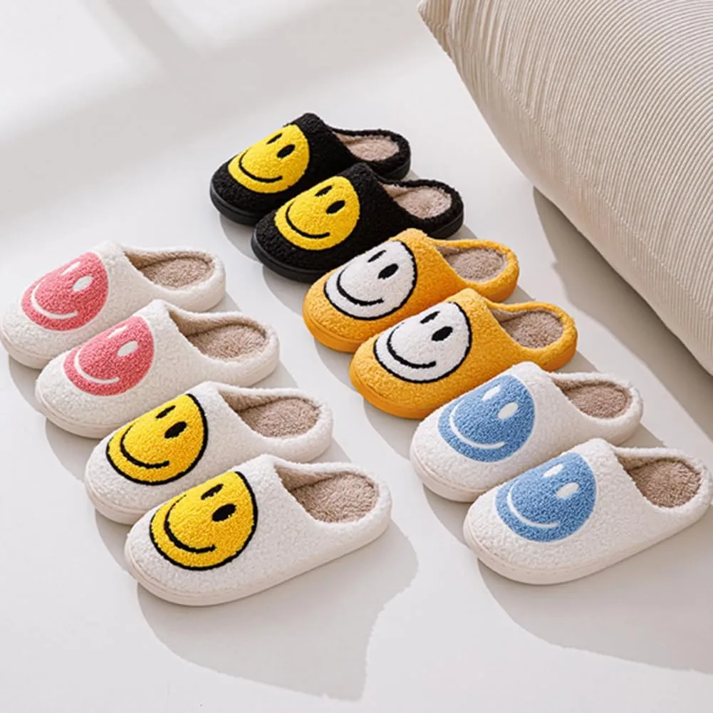 Women's Men's Retro Preppy Happy Face Slippers Comfy Warm Plush Slip-On House Slipper for Winter Indoor Soft Cushion Non-slip Fluffy Slides Slippers