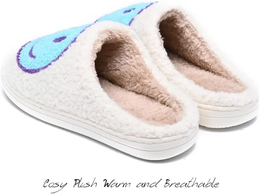 Women's Men's Retro Preppy Happy Face Slippers Comfy Warm Plush Slip-On House Slipper for Winter Indoor Soft Cushion Non-slip Fluffy Slides Slippers