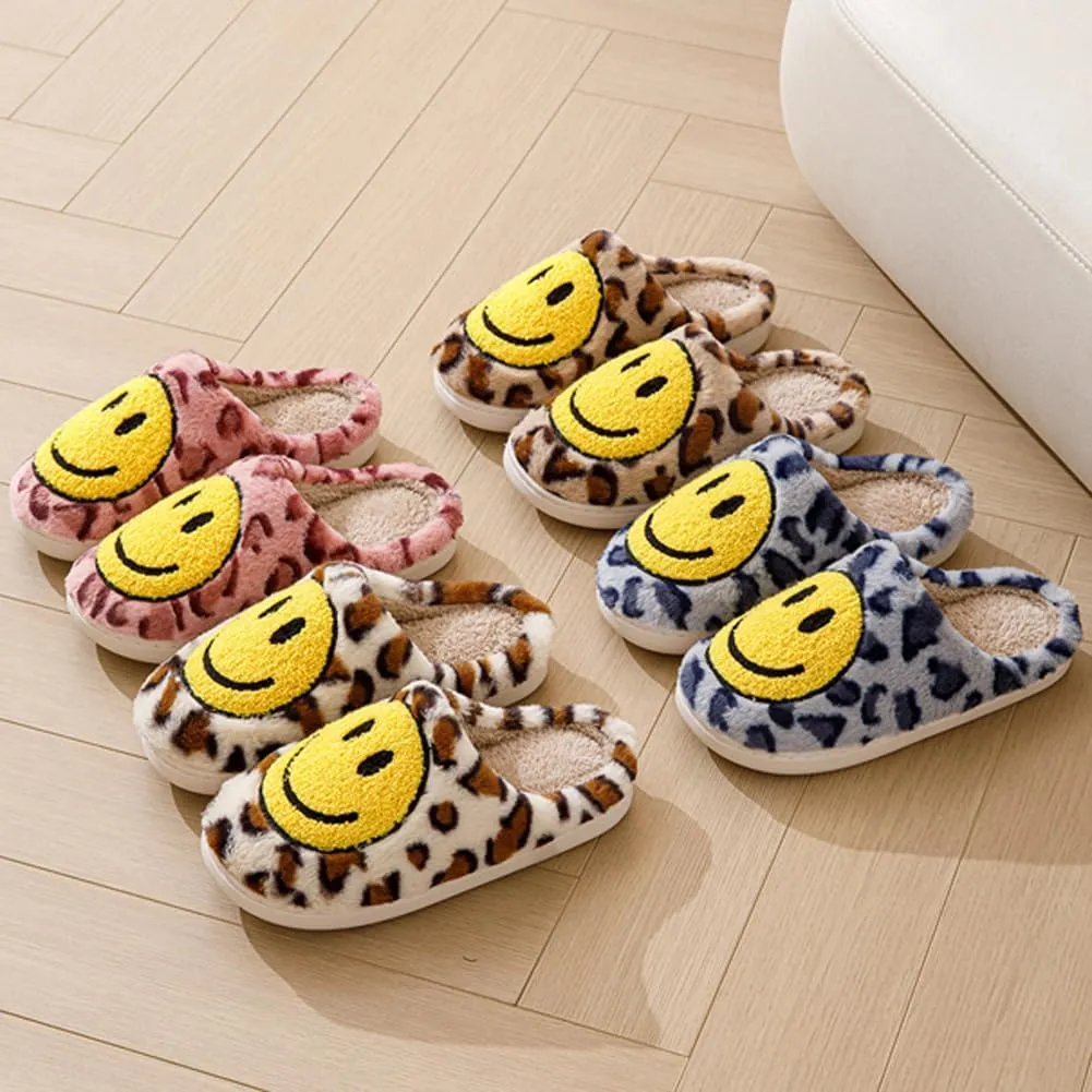Women's Men's Retro Preppy Happy Face Slippers Comfy Warm Plush Slip-On House Slipper for Winter Indoor Soft Cushion Non-slip Fluffy Slides Slippers