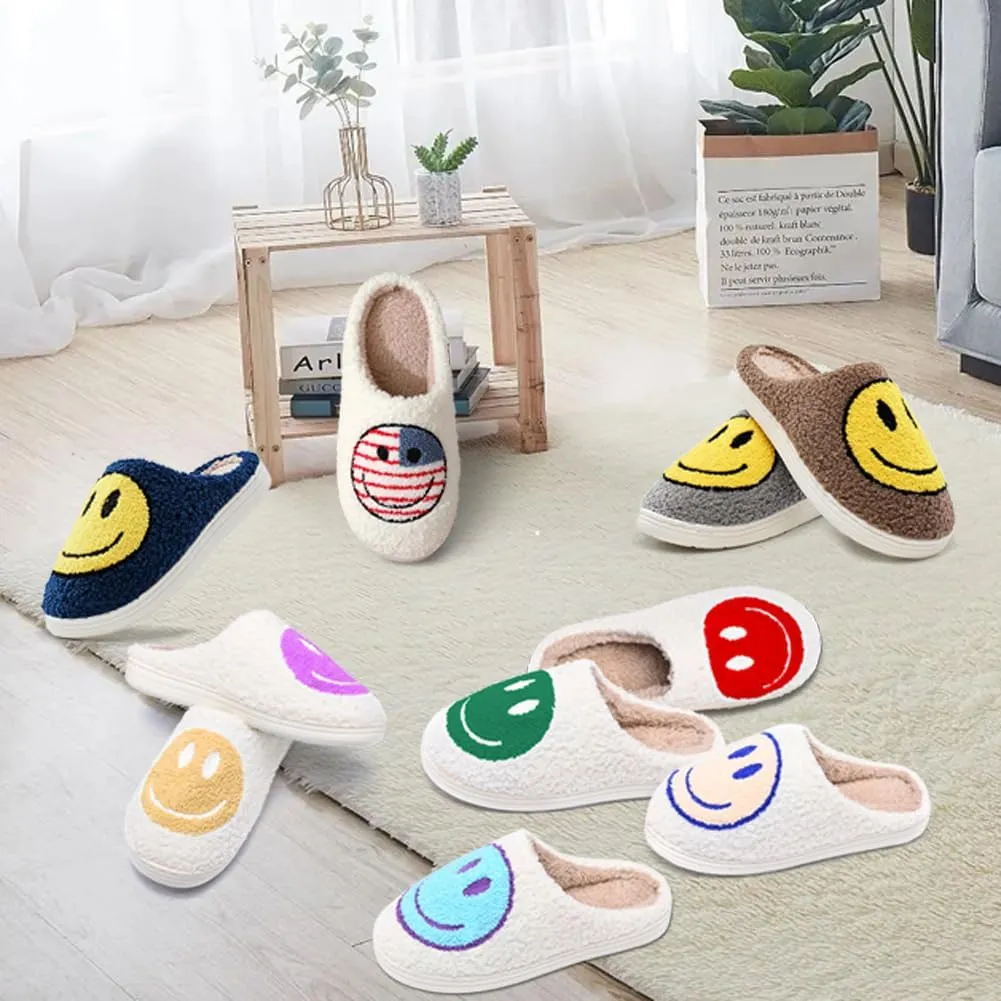 Women's Men's Retro Preppy Happy Face Slippers Comfy Warm Plush Slip-On House Slipper for Winter Indoor Soft Cushion Non-slip Fluffy Slides Slippers