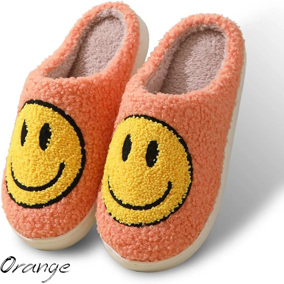 Women's Men's Retro Preppy Happy Face Slippers Comfy Warm Plush Slip-On House Slipper for Winter Indoor Soft Cushion Non-slip Fluffy Slides Slippers