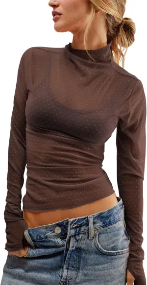 Womens Mesh Sheer Lace Laying Top Mock Neck Long Sleeve Polka Dot See Through Shirt Blouses Tops