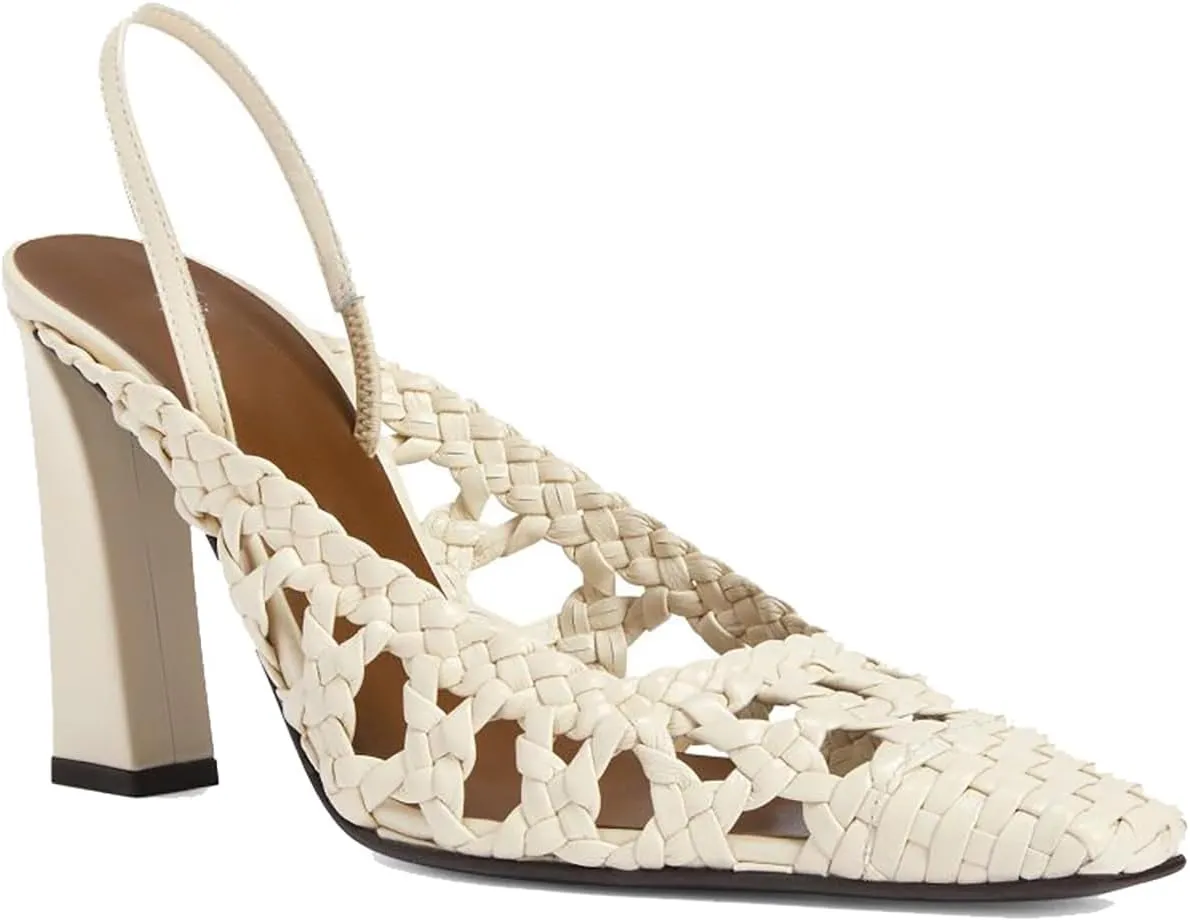 Women's Mesh Woven Slingback Heels with Backstrap, Square Closed Toe Slip On Chunky High Heel Pumps for Evening Bridal Party Dress Shoes