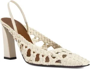 Women's Mesh Woven Slingback Heels with Backstrap, Square Closed Toe Slip On Chunky High Heel Pumps for Evening Bridal Party Dress Shoes