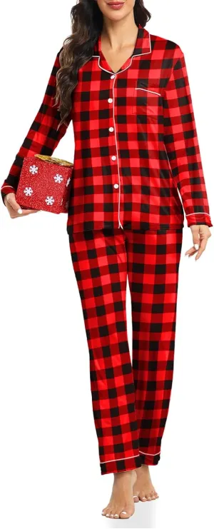 Womens Modal Button Up Pajamas 2 Piece Long Sleeve Comfy Pjs Sleepwear Soft Pajama Lounge Set Loungewear S-3XL