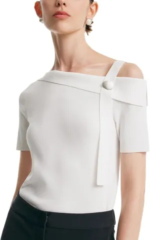 Women's One Shoulder Short Sleeve Knit T-Shirt Dressy White Pullover Slim Fit Business Casual Tops for Women