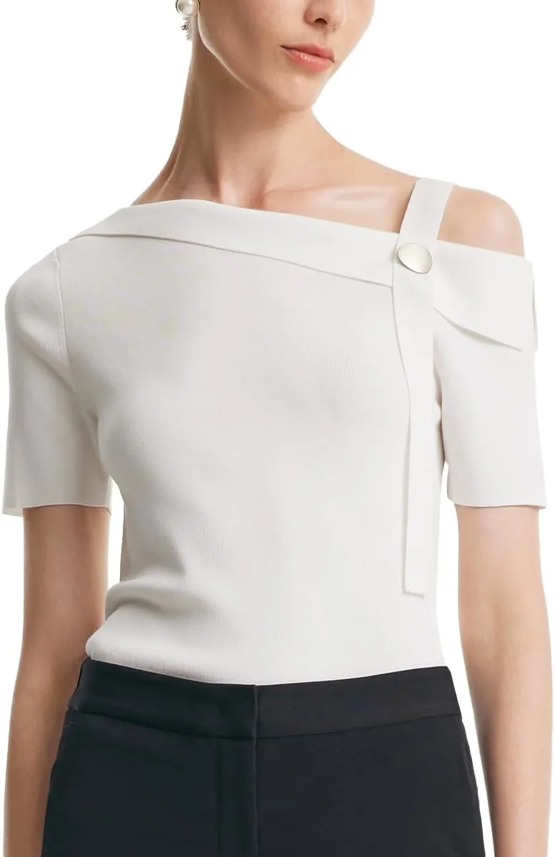 Women's One Shoulder Short Sleeve Knit T-Shirt Dressy White Pullover Slim Fit Business Casual Tops for Women