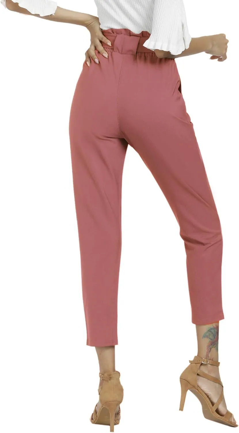 Women's Pants Casual Trouser Paper Bag Pants Elastic Waist Slim Pockets