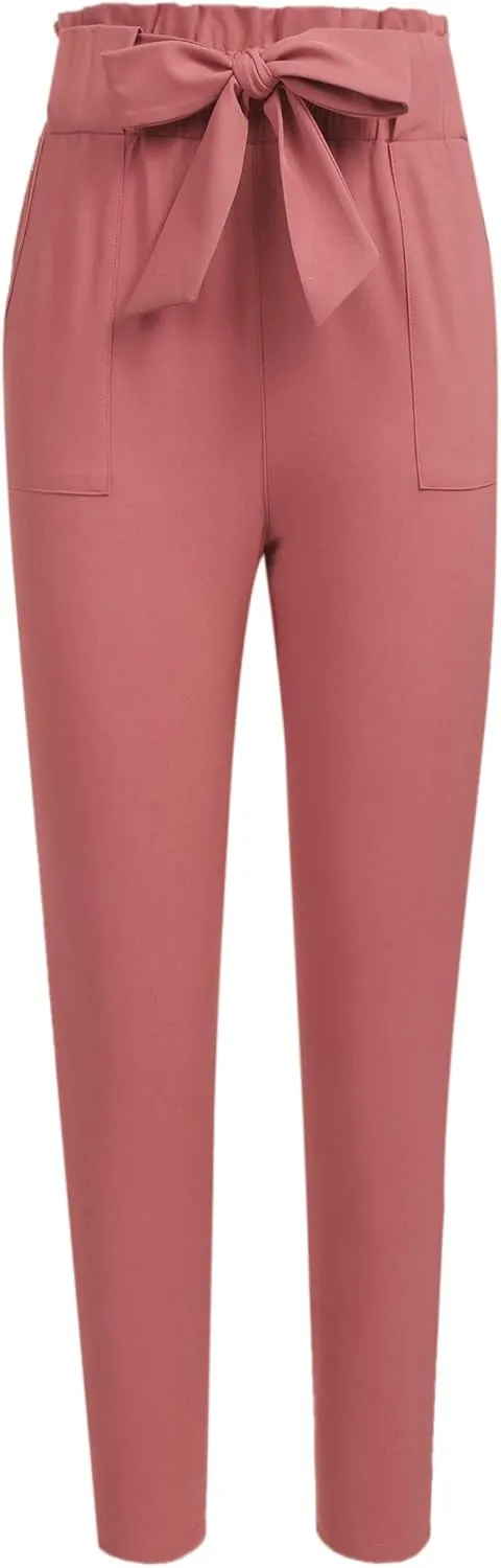 Women's Pants Casual Trouser Paper Bag Pants Elastic Waist Slim Pockets