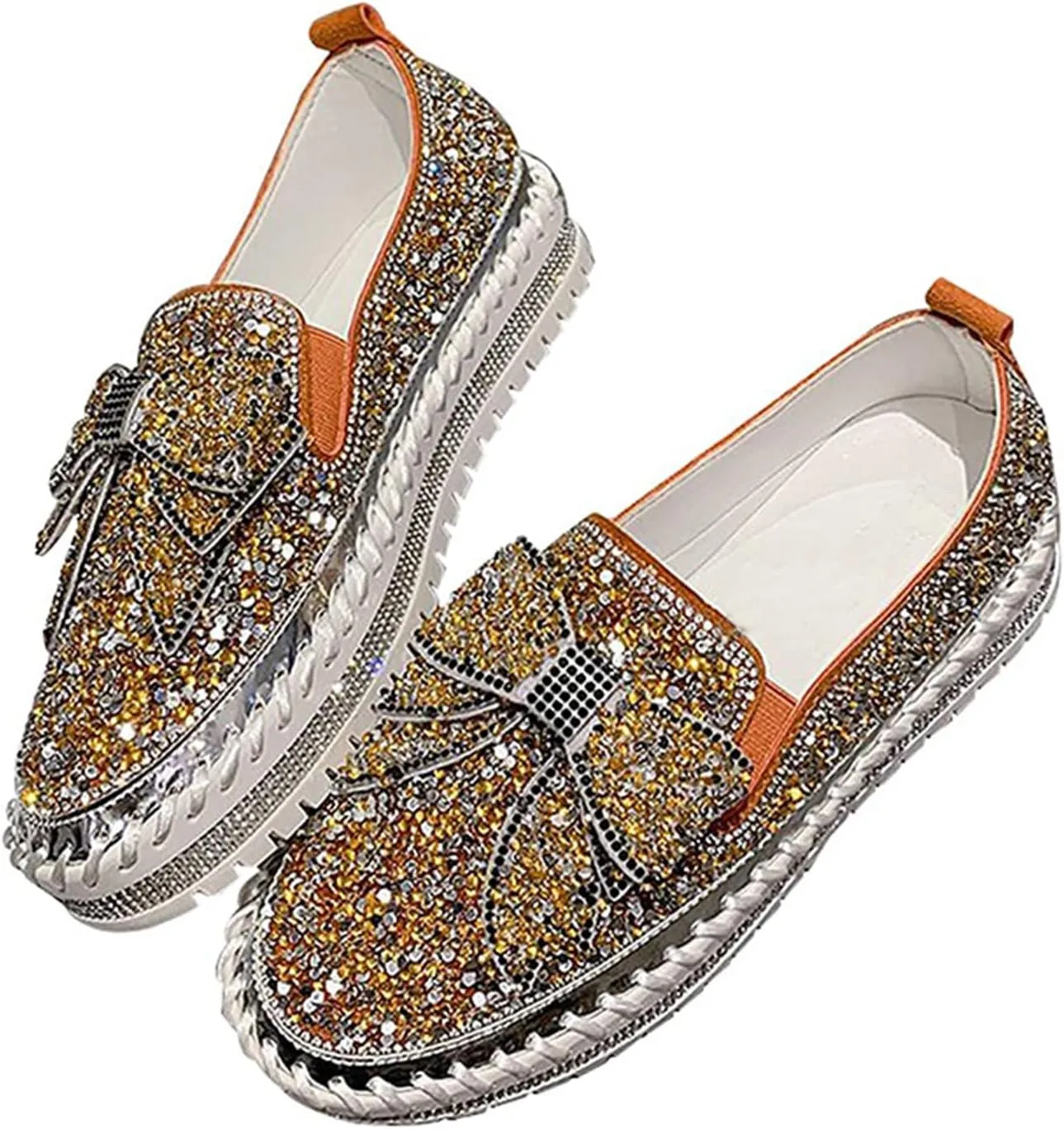 Women's Platform Casual Rhinestones Glitter Slip On Sneakers Cute Bowknot Shiny Handmade Non-Slip Comfort Dress Walking Flat Loafers