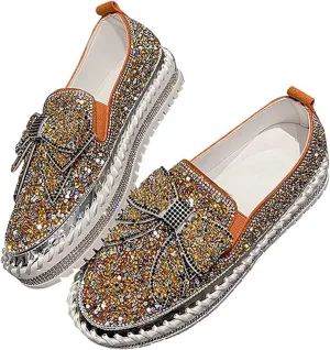 Women's Platform Casual Rhinestones Glitter Slip On Sneakers Cute Bowknot Shiny Handmade Non-Slip Comfort Dress Walking Flat Loafers