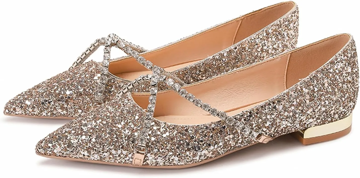 Women's Pointed Toe Slip on Flat Shoes Sequins Glitter Rhinestone Cross Strap Low Heel Flat Shoes Sparkly Wedding Bridal Party Dress Shoes