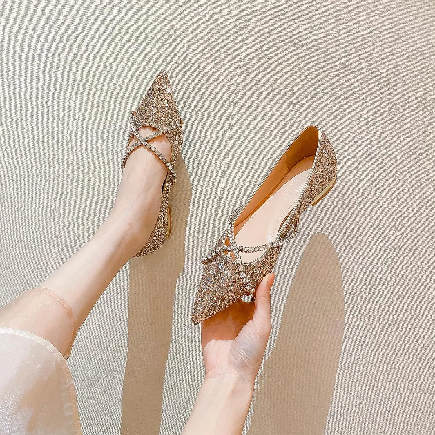 Women's Pointed Toe Slip on Flat Shoes Sequins Glitter Rhinestone Cross Strap Low Heel Flat Shoes Sparkly Wedding Bridal Party Dress Shoes