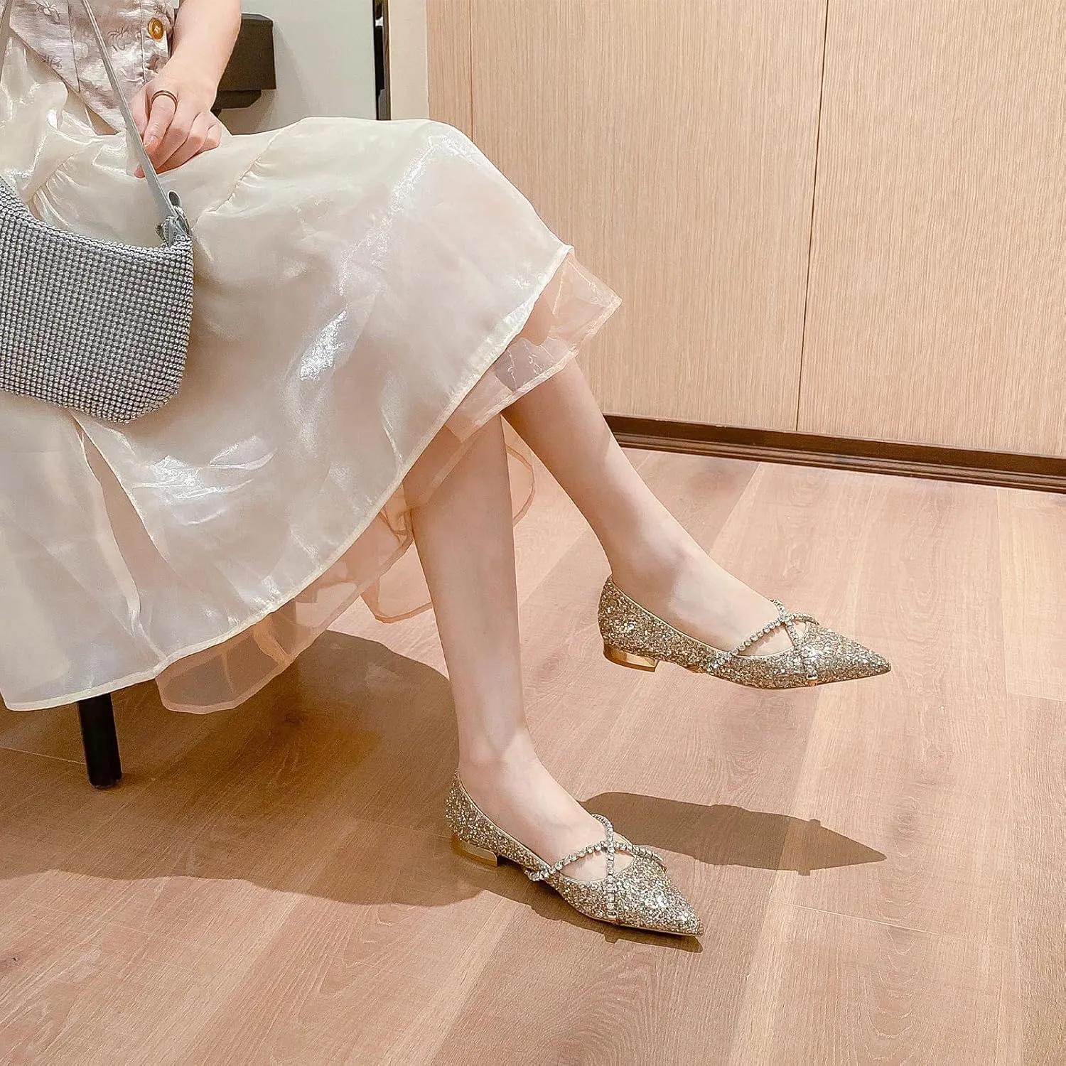 Women's Pointed Toe Slip on Flat Shoes Sequins Glitter Rhinestone Cross Strap Low Heel Flat Shoes Sparkly Wedding Bridal Party Dress Shoes