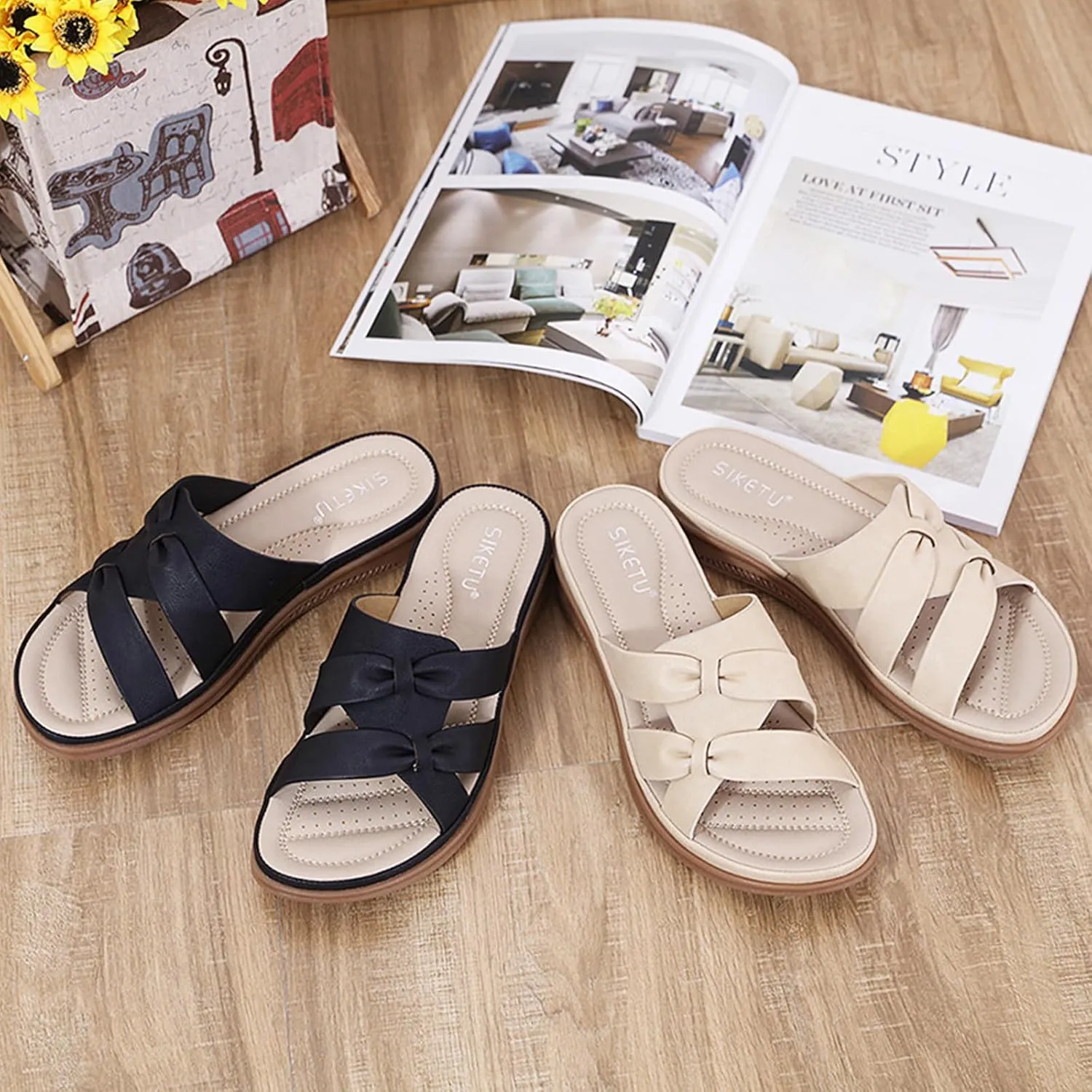Women's PU Leather Bow Wedge Slides, Cross Strap Slip On Open Toe Breathable Sandals Casual Non-Slip Comfy Softsole Slippers