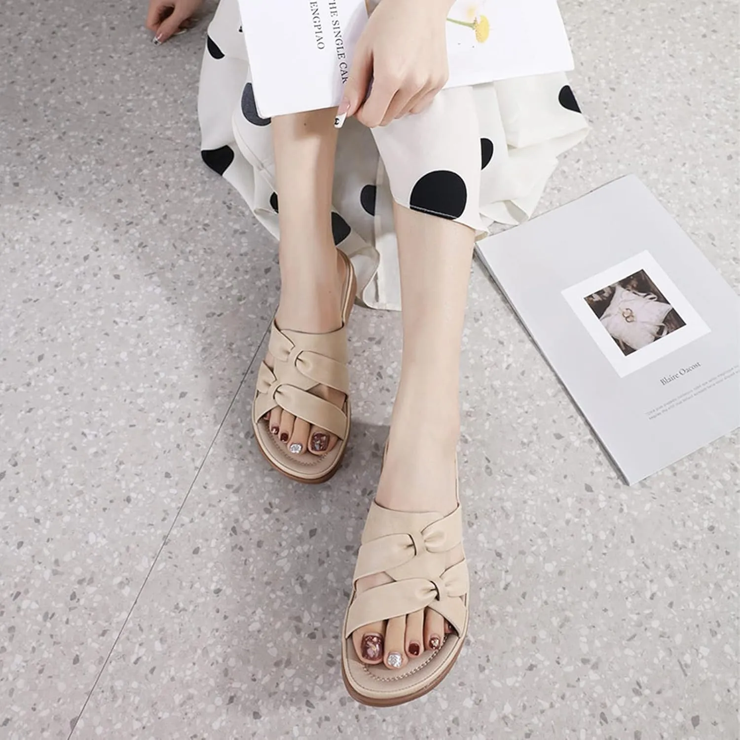 Women's PU Leather Bow Wedge Slides, Cross Strap Slip On Open Toe Breathable Sandals Casual Non-Slip Comfy Softsole Slippers