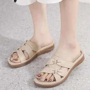 Women's PU Leather Bow Wedge Slides, Cross Strap Slip On Open Toe Breathable Sandals Casual Non-Slip Comfy Softsole Slippers
