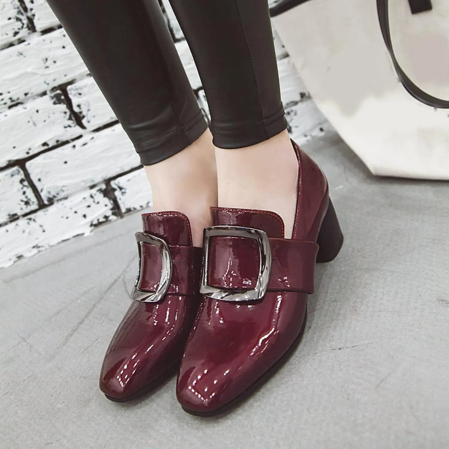 Womens Slip On Loafer Pumps Chunky Heels Stylish Square Buckle Comfort Casual Dress Oxford Shoes