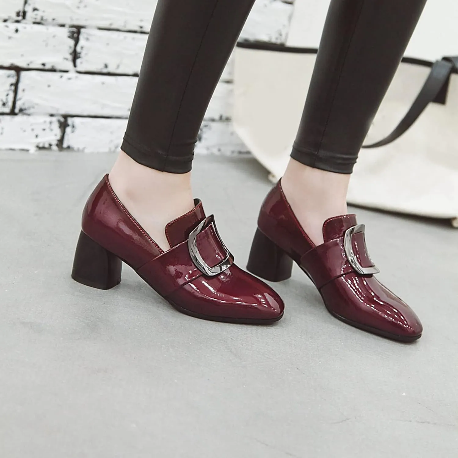Womens Slip On Loafer Pumps Chunky Heels Stylish Square Buckle Comfort Casual Dress Oxford Shoes