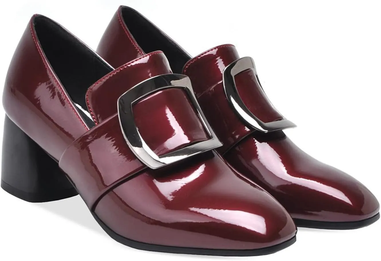Womens Slip On Loafer Pumps Chunky Heels Stylish Square Buckle Comfort Casual Dress Oxford Shoes