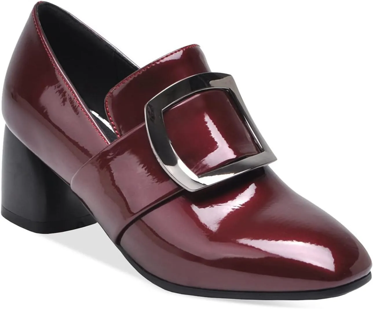 Womens Slip On Loafer Pumps Chunky Heels Stylish Square Buckle Comfort Casual Dress Oxford Shoes