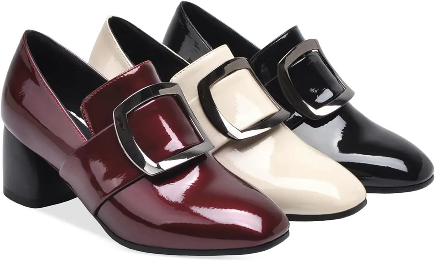 Womens Slip On Loafer Pumps Chunky Heels Stylish Square Buckle Comfort Casual Dress Oxford Shoes