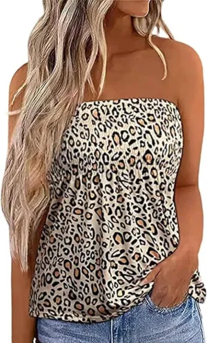 Womens Smocked Strapless Bandeau Tank Tops Floral Tube Tops Backless Bandeau Tunic Tops Sleeveless Shirts