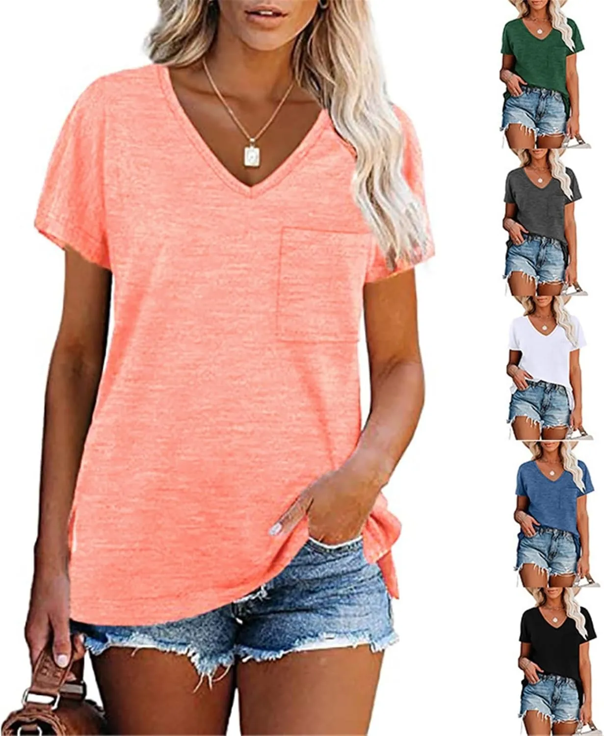 Women's Summer V-Neck Slim T-Shirt Loose Cotton Short Sleeve Tops Casual Urban Style