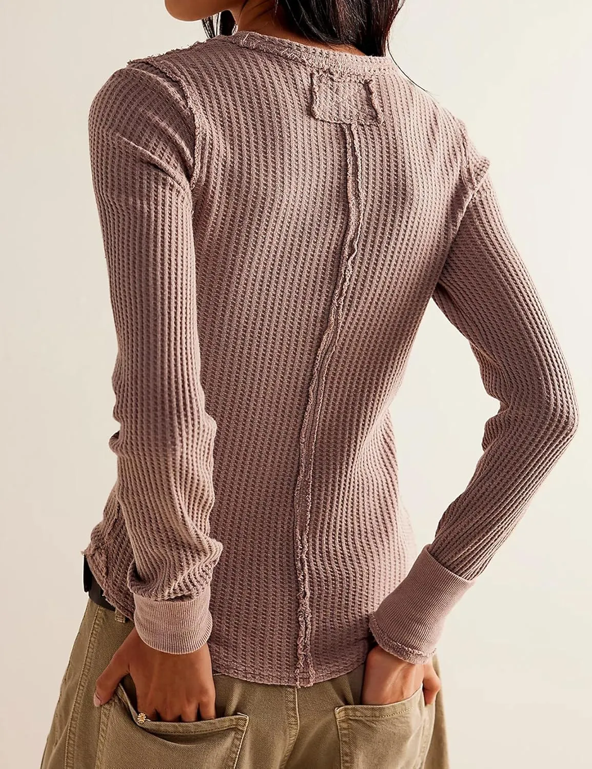 Women's Waffle Knit Tops Long Sleeve Shirts Casual Slim Fitted Crew Neck Pullover Shirts