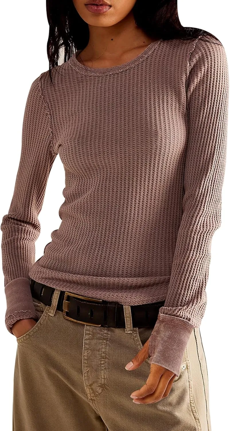 Women's Waffle Knit Tops Long Sleeve Shirts Casual Slim Fitted Crew Neck Pullover Shirts