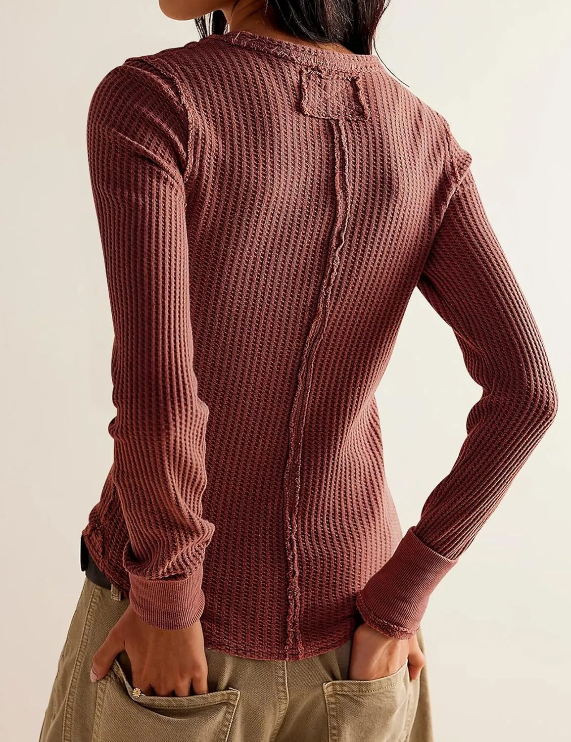 Women's Waffle Knit Tops Long Sleeve Shirts Casual Slim Fitted Crew Neck Pullover Shirts