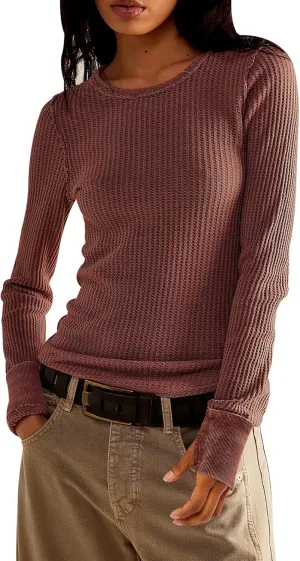 Women's Waffle Knit Tops Long Sleeve Shirts Casual Slim Fitted Crew Neck Pullover Shirts