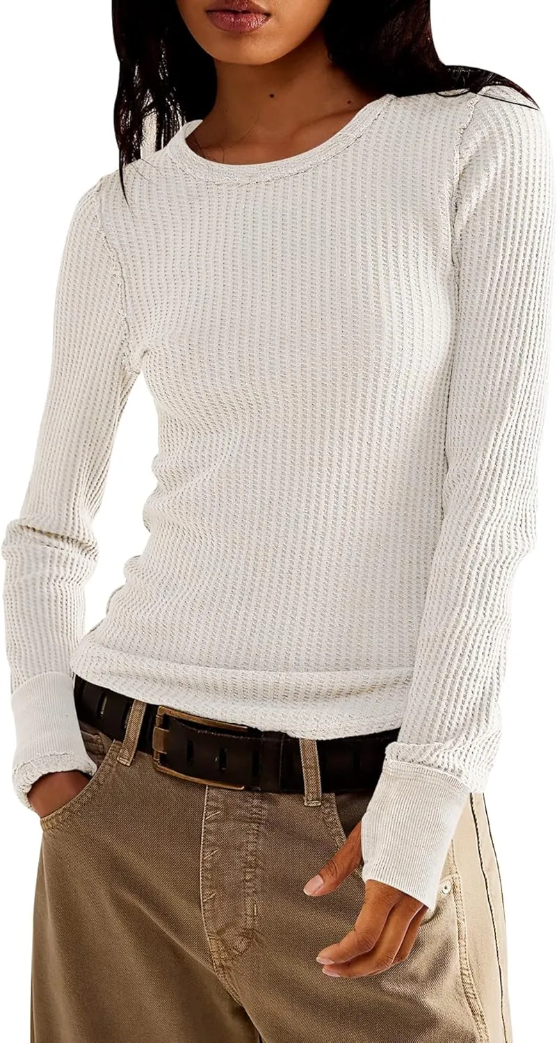 Women's Waffle Knit Tops Long Sleeve Shirts Casual Slim Fitted Crew Neck Pullover Shirts