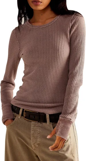 Women's Waffle Knit Tops Long Sleeve Shirts Casual Slim Fitted Crew Neck Pullover Shirts