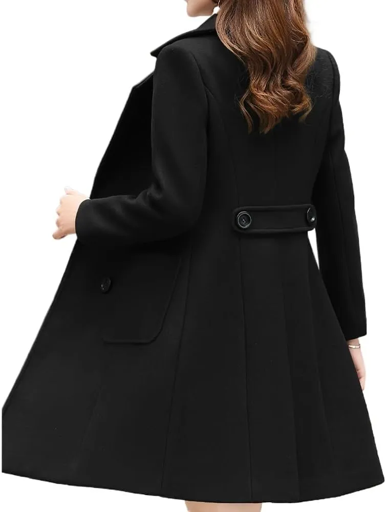 Women's Wool Blend Coat Winter Mid Long Double Breasted Overcoat Lapel Collar Outwear Jacket
