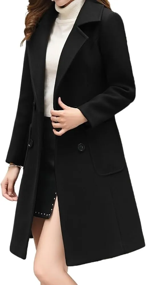 Women's Wool Blend Coat Winter Mid Long Double Breasted Overcoat Lapel Collar Outwear Jacket