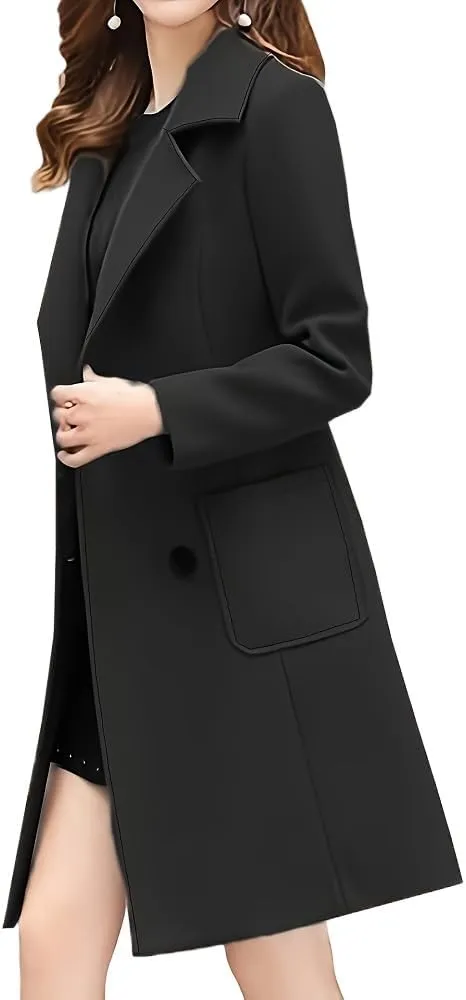 Women's Wool Blend Coat Winter Mid Long Double Breasted Overcoat Lapel Collar Outwear Jacket