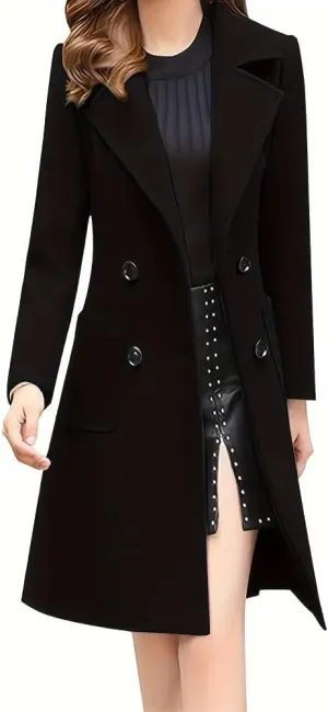 Women's Wool Blend Coat Winter Mid Long Double Breasted Overcoat Lapel Collar Outwear Jacket